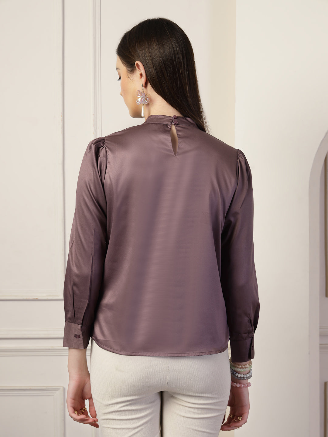 Style Quotient Women Solid Mauve Satin Regular Pleated Top