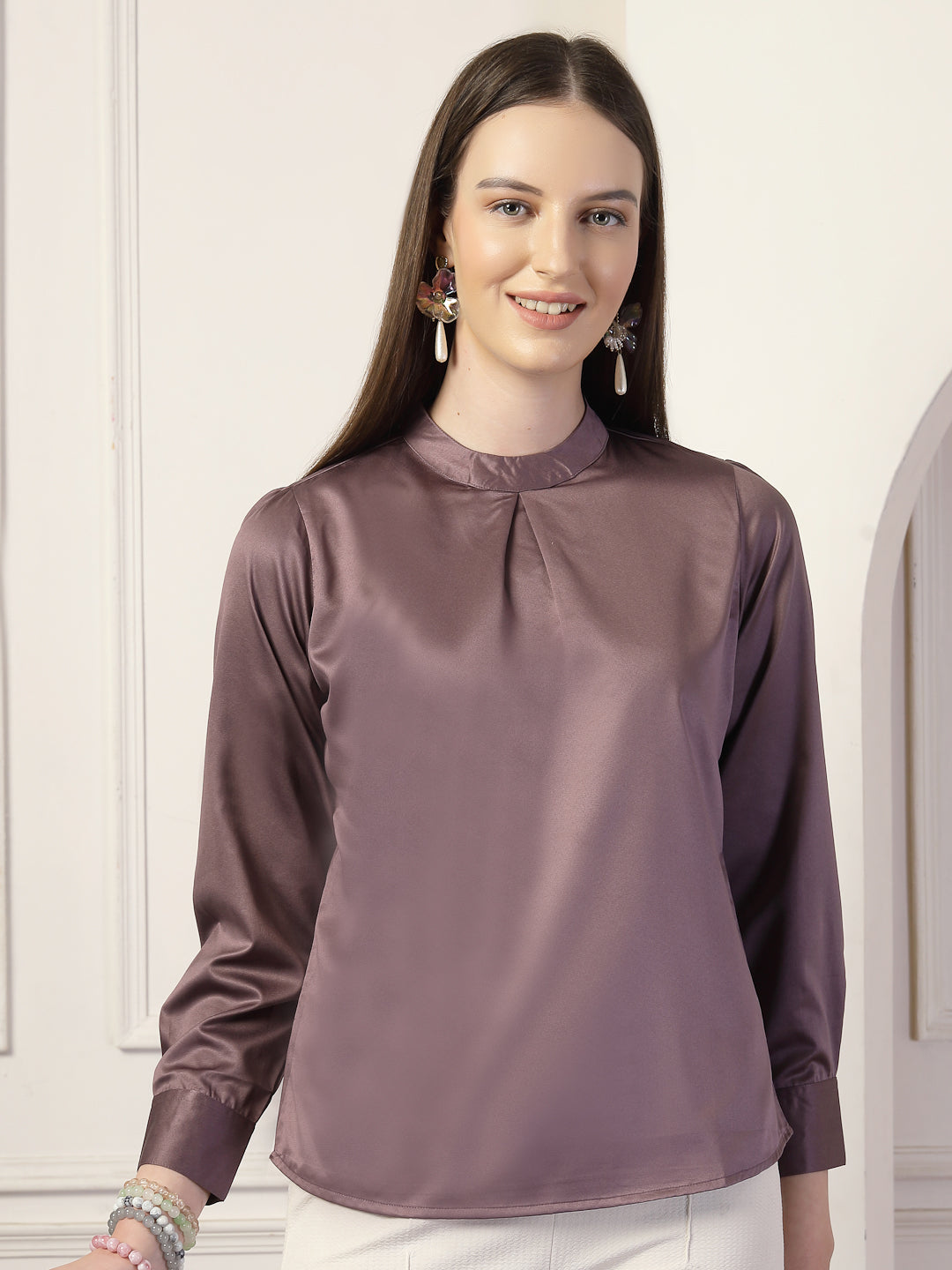 Style Quotient Women Solid Mauve Satin Regular Pleated Top