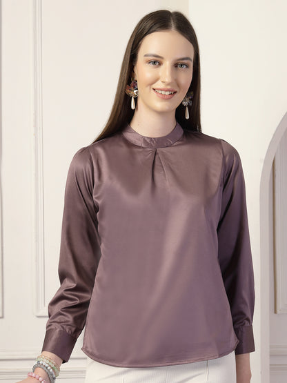 Style Quotient Women Solid Mauve Satin Regular Pleated Top