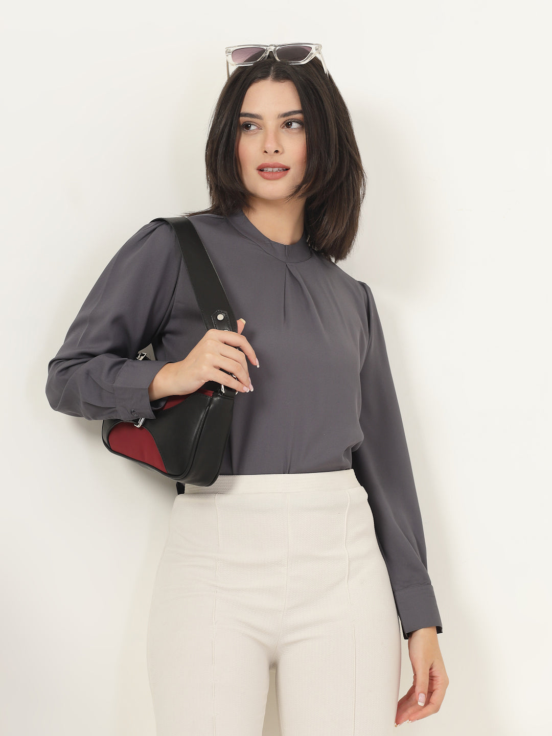 Style Quotient Women Solid Grey Polymoss Regular Pleated Top