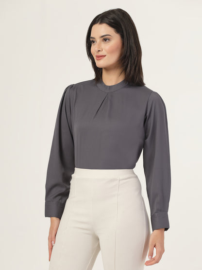 Style Quotient Women Solid Grey Polymoss Regular Pleated Top