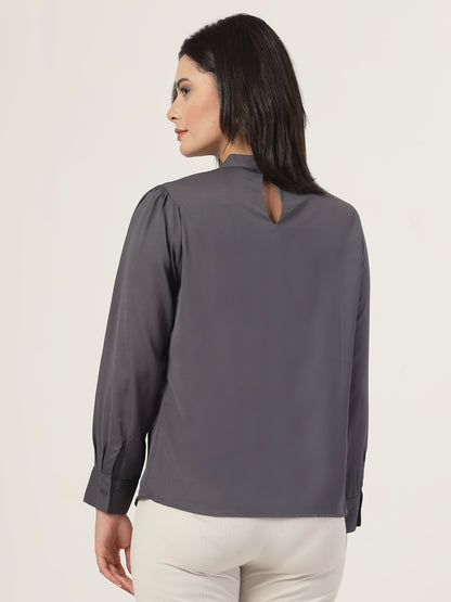 Style Quotient Women Solid Grey Polymoss Regular Pleated Top