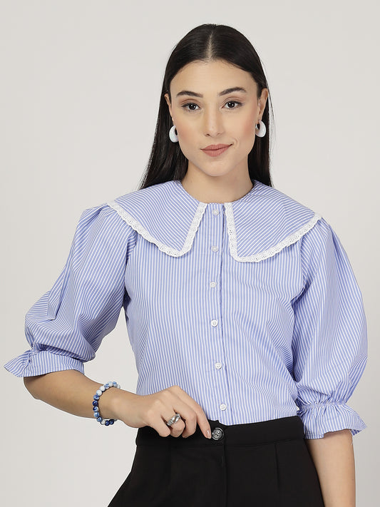 Style Quotient Women Stripe  Blue White Polycotton Formal Shirt