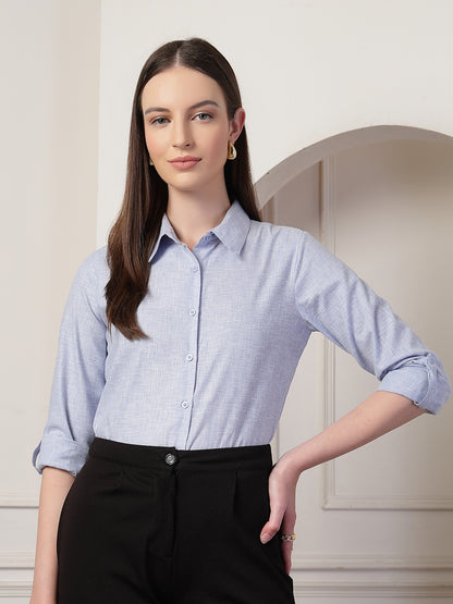 Style Quotient Women Powder Blue Self Design Linen Regular Fit Formal Shirt