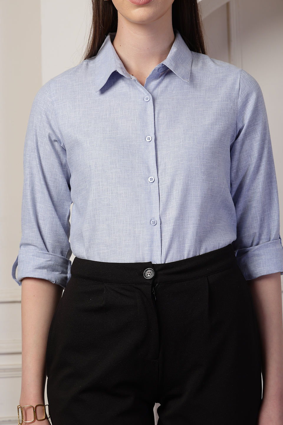 Style Quotient Women Powder Blue Self Design Linen Regular Fit Formal Shirt