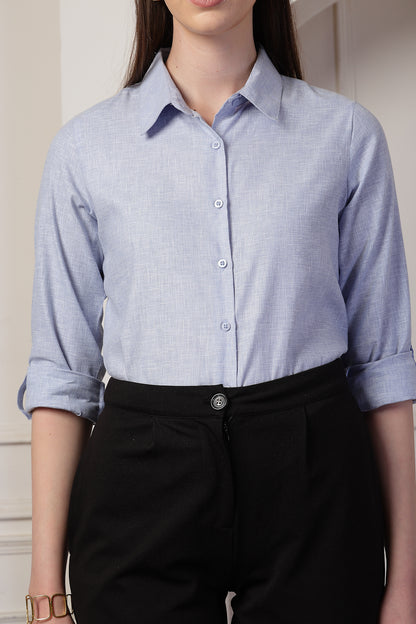 Style Quotient Women Powder Blue Self Design Linen Regular Fit Formal Shirt