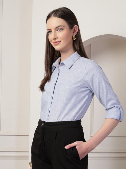 Style Quotient Women Powder Blue Self Design Linen Regular Fit Formal Shirt