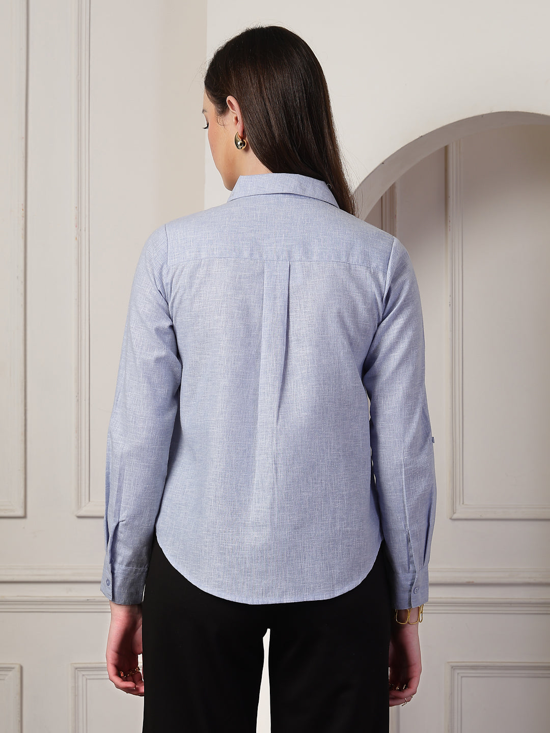 Style Quotient Women Powder Blue Self Design Linen Regular Fit Formal Shirt