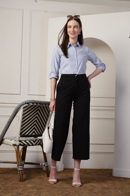 Style Quotient Women Powder Blue Self Design Linen Regular Fit Formal Shirt