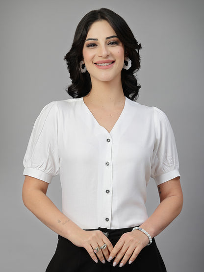 Style Quotient Women Solid White Rayon Shirt Style Top