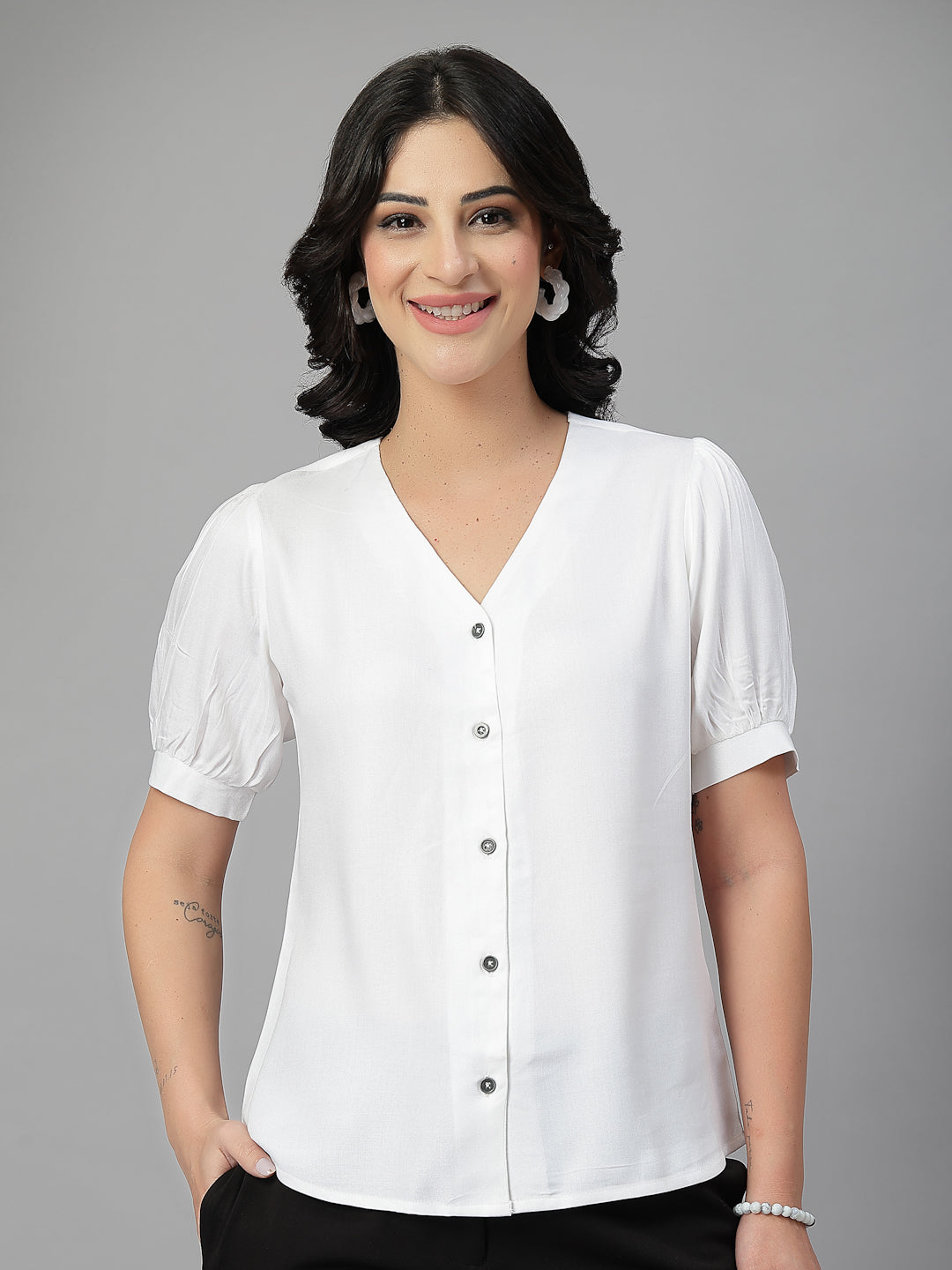 Style Quotient Women Solid White Rayon Shirt Style Top