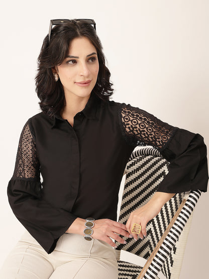 Style Quotient Women Solid Black Polycotton And Lace Fabric Shirt
