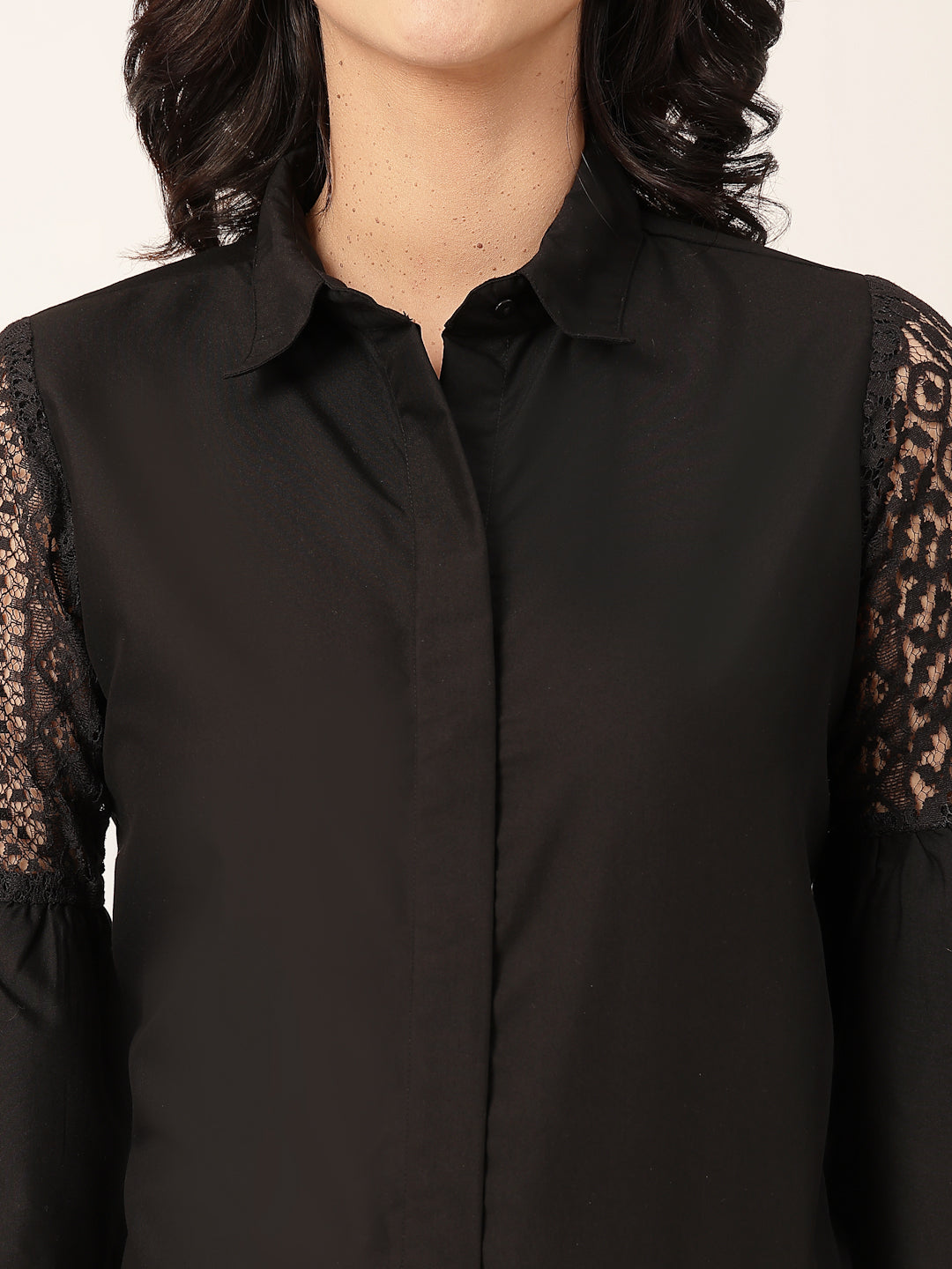 Style Quotient Women Solid Black Polycotton And Lace Fabric Shirt
