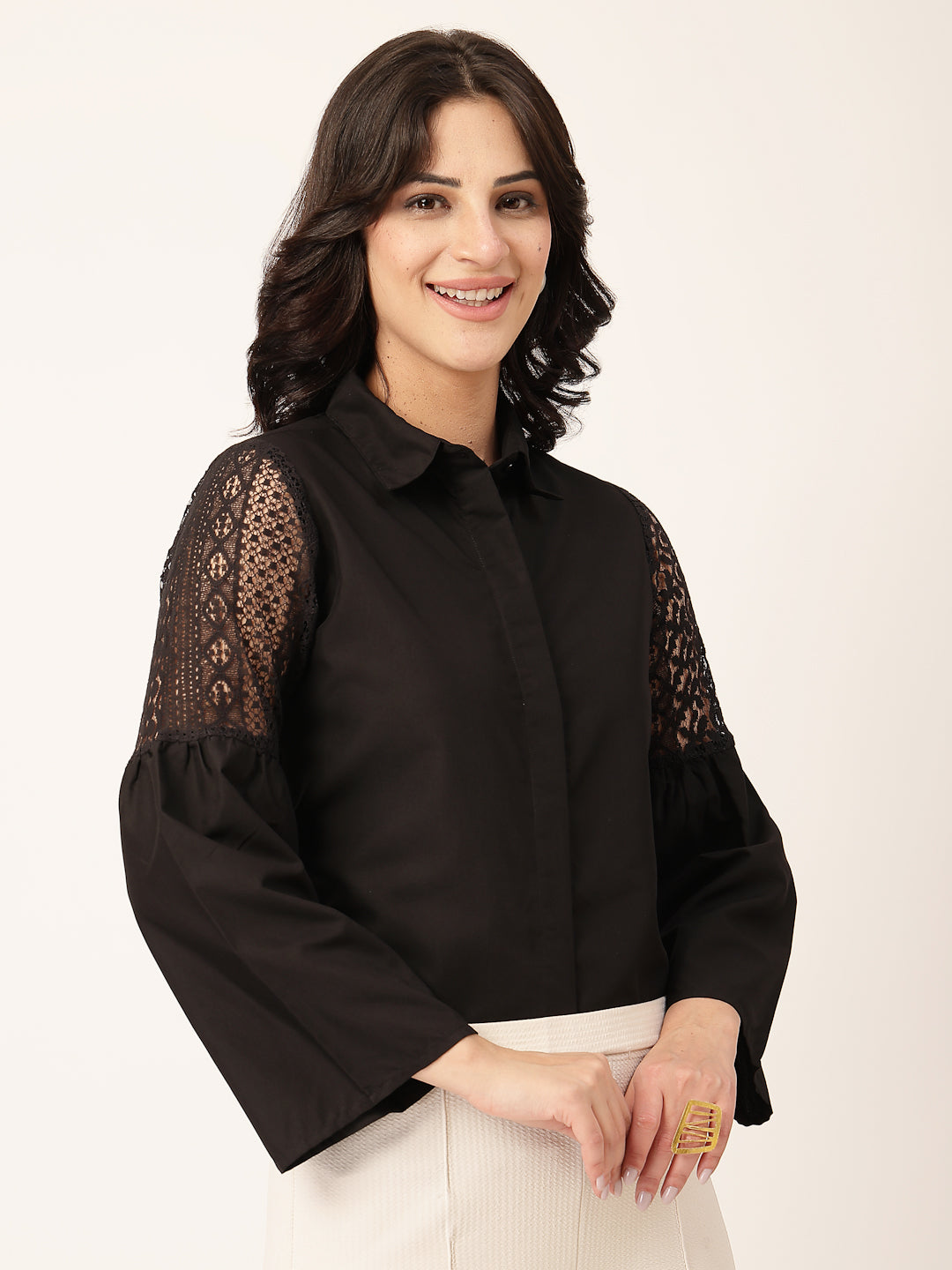 Style Quotient Women Solid Black Polycotton And Lace Fabric Shirt