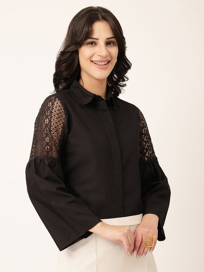 Style Quotient Women Solid Black Polycotton And Lace Fabric Shirt
