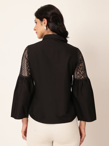 Style Quotient Women Solid Black Polycotton And Lace Fabric Shirt