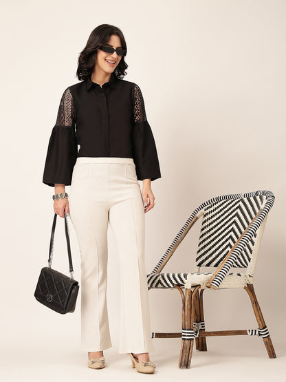 Style Quotient Women Solid Black Polycotton And Lace Fabric Shirt