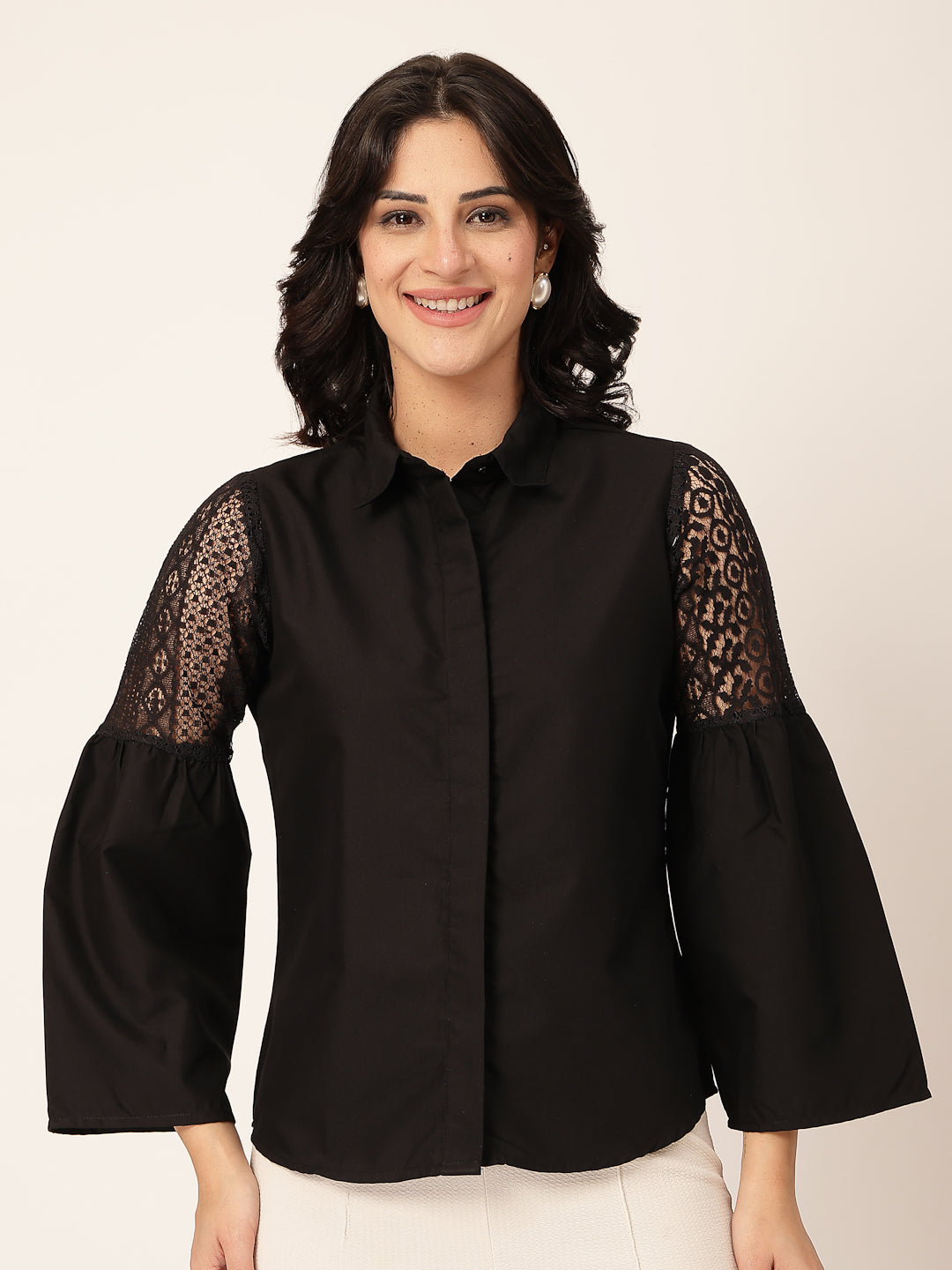 Style Quotient Women Solid Black Polycotton And Lace Fabric Shirt