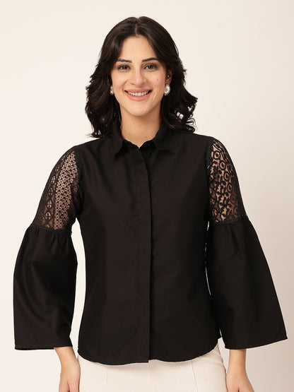 Style Quotient Women Solid Black Polycotton And Lace Fabric Shirt
