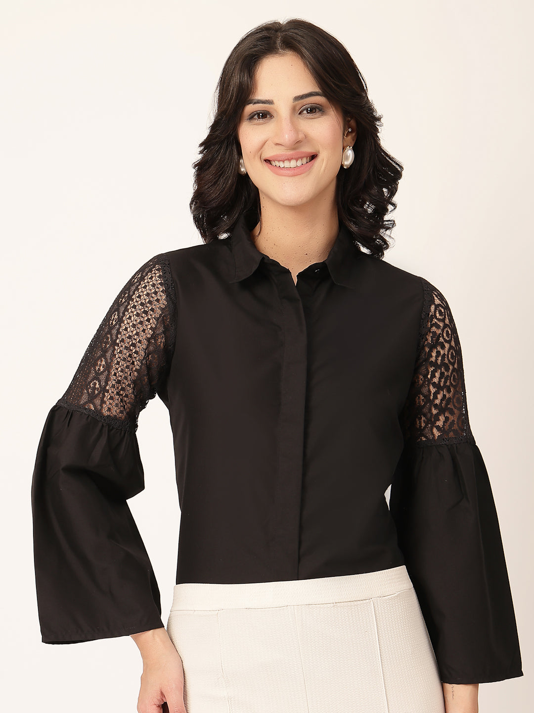 Style Quotient Women Solid Black Polycotton And Lace Fabric Shirt