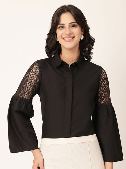 Style Quotient Women Solid Black Polycotton And Lace Fabric Shirt