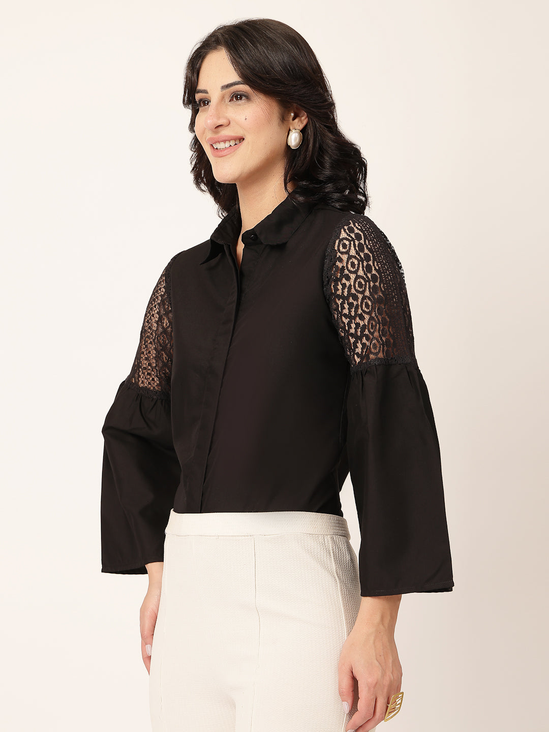 Style Quotient Women Solid Black Polycotton And Lace Fabric Shirt