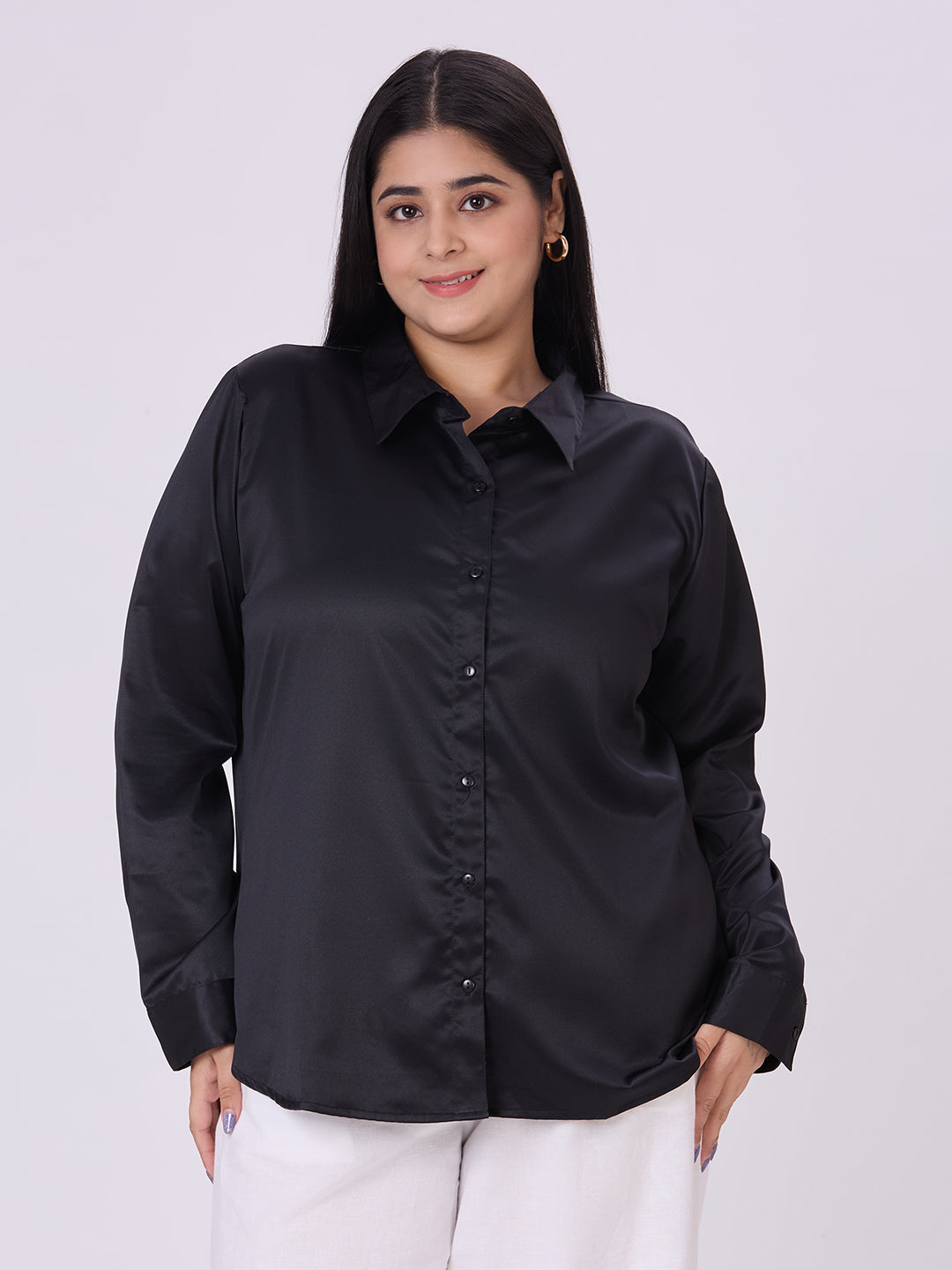 Style Quotient Women Black Satin Formal Shirt