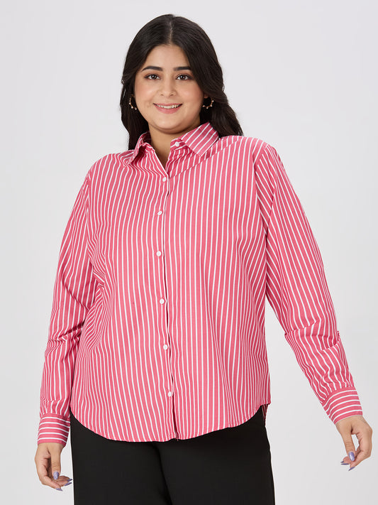 Style Quotient Plus Women Red and White Stripe Polycotton Formal Shirt