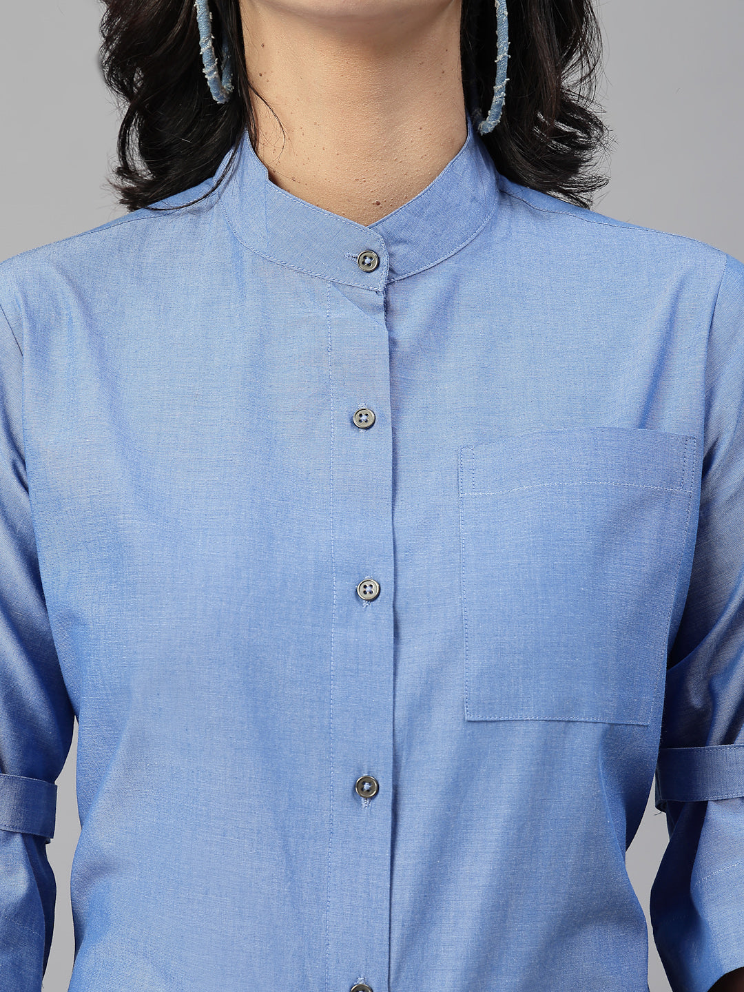 Style Quotient Women Solid Blue Chambray Cotton Formal Shirt
