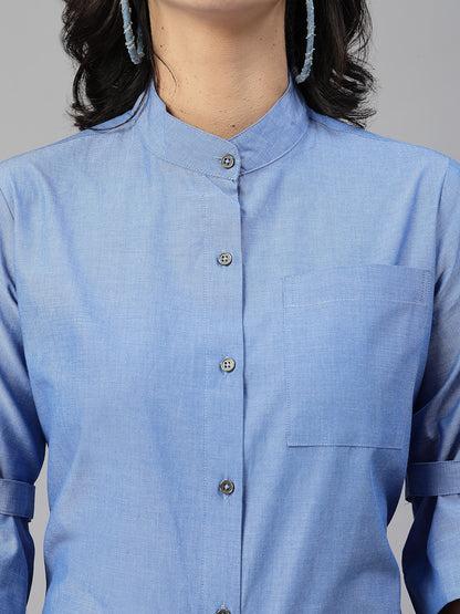 Style Quotient Women Solid Blue Chambray Cotton Formal Shirt