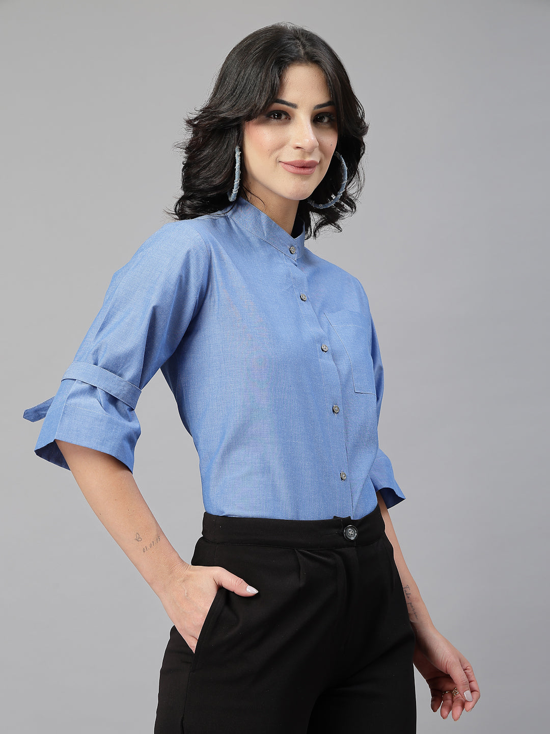 Style Quotient Women Solid Blue Chambray Cotton Formal Shirt