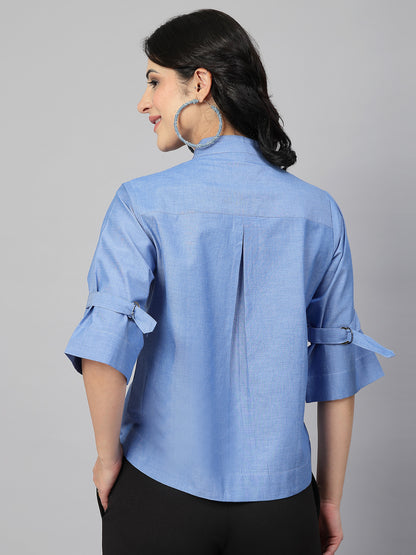 Style Quotient Women Solid Blue Chambray Cotton Formal Shirt