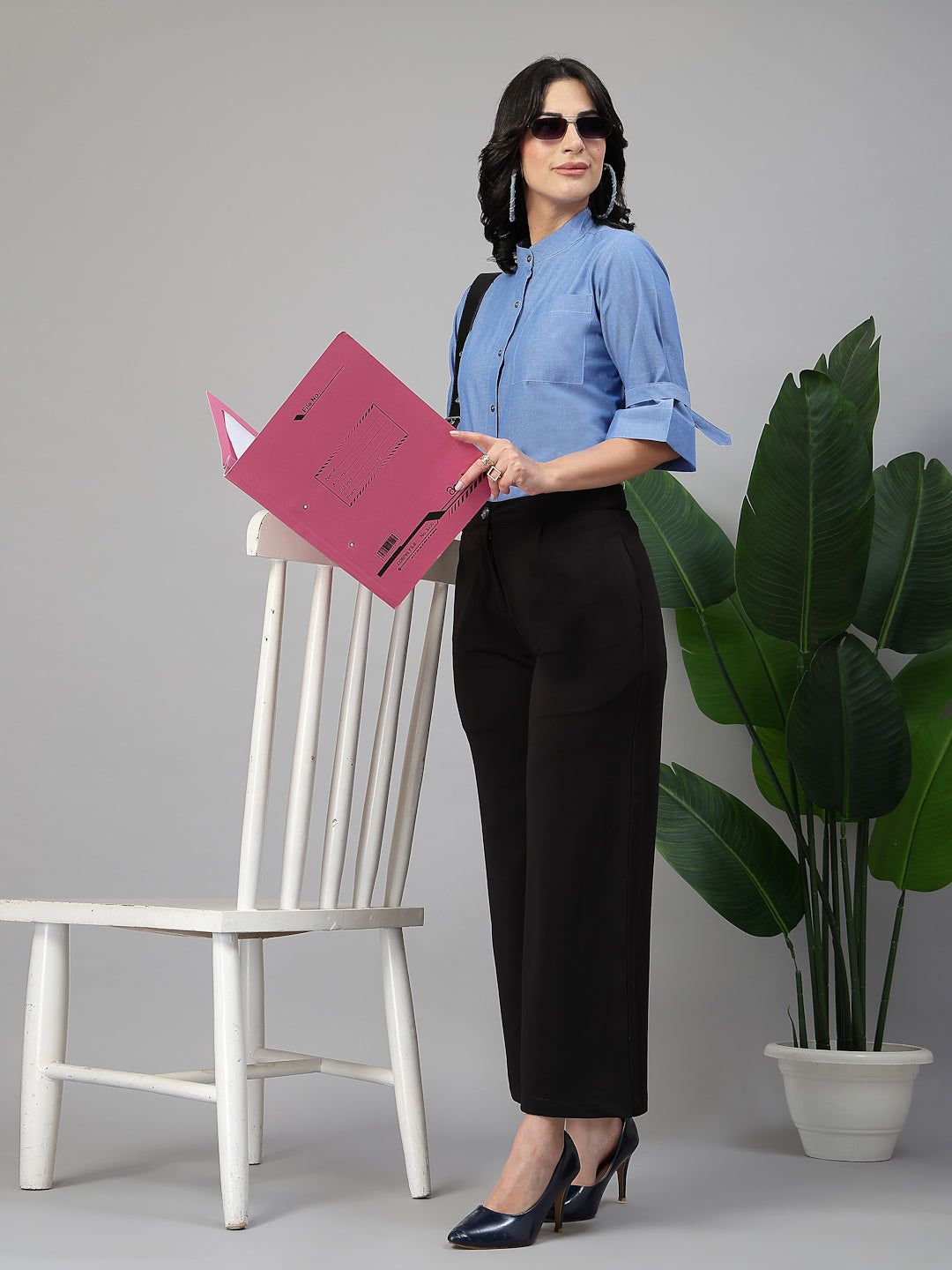 Style Quotient Women Solid Blue Chambray Cotton Formal Shirt