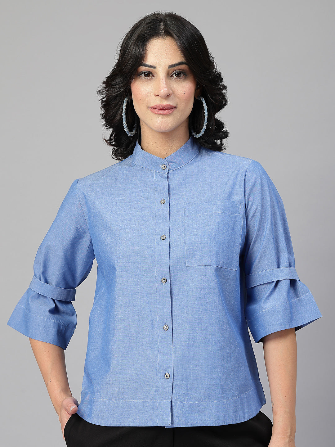Style Quotient Women Solid Blue Chambray Cotton Formal Shirt
