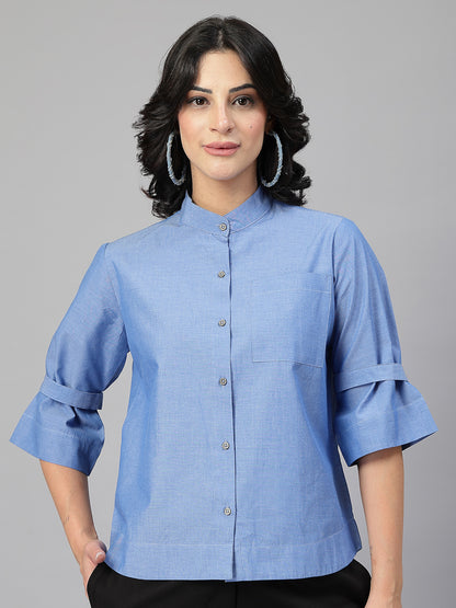 Style Quotient Women Solid Blue Chambray Cotton Formal Shirt