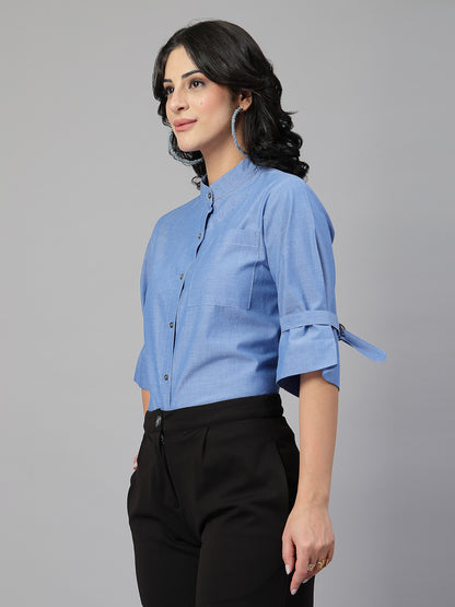 Style Quotient Women Solid Blue Chambray Cotton Formal Shirt