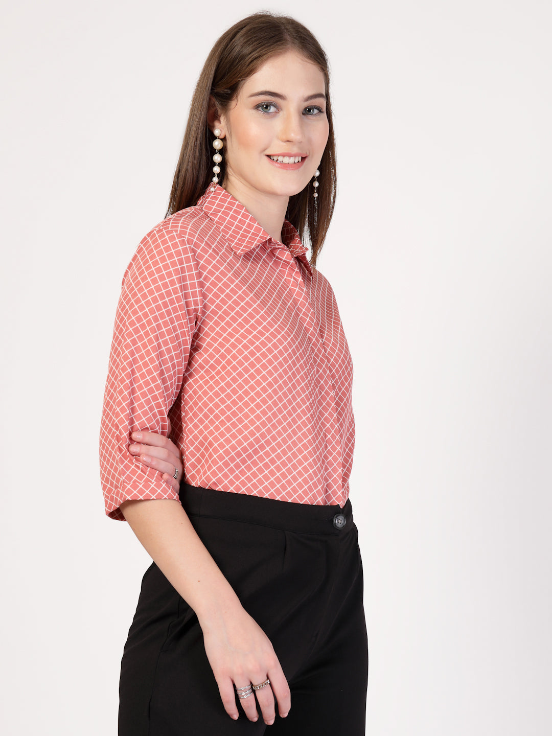 Style Quotient Women Nude White Printed Semi Formal Polyester Shirt