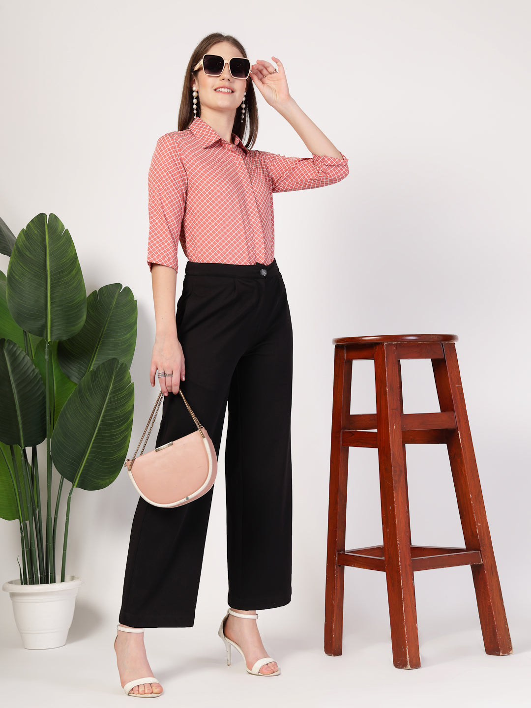 Style Quotient Women Nude White Printed Semi Formal Polyester Shirt