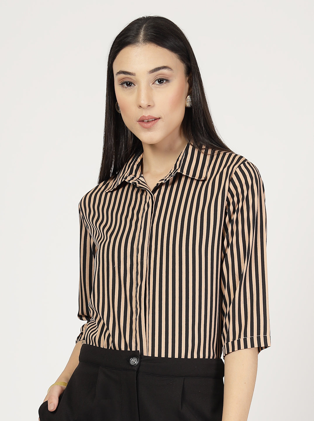 Style Quotient Women Nude Black Stripe Printed Semi Formal Polyester Shirt