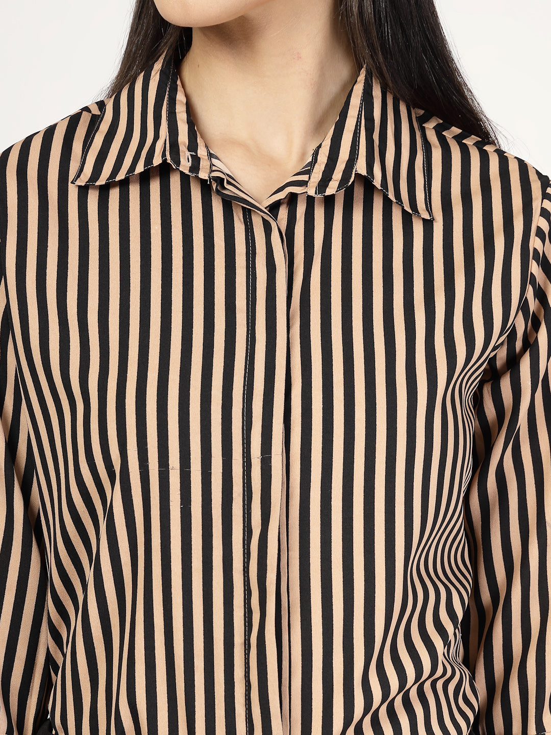 Style Quotient Women Nude Black Stripe Printed Semi Formal Polyester Shirt