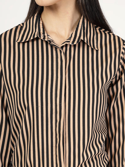 Style Quotient Women Nude Black Stripe Printed Semi Formal Polyester Shirt
