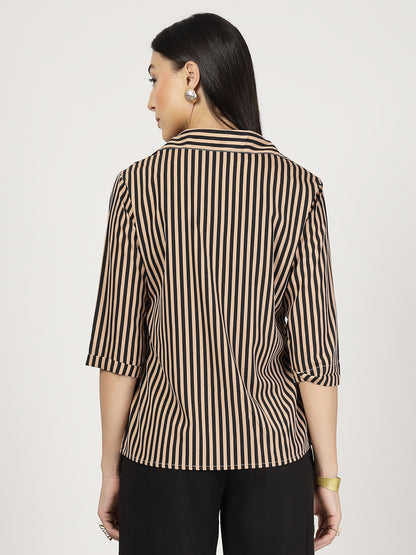 Style Quotient Women Nude Black Stripe Printed Semi Formal Polyester Shirt