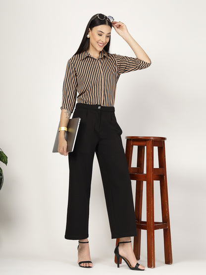 Style Quotient Women Nude Black Stripe Printed Semi Formal Polyester Shirt