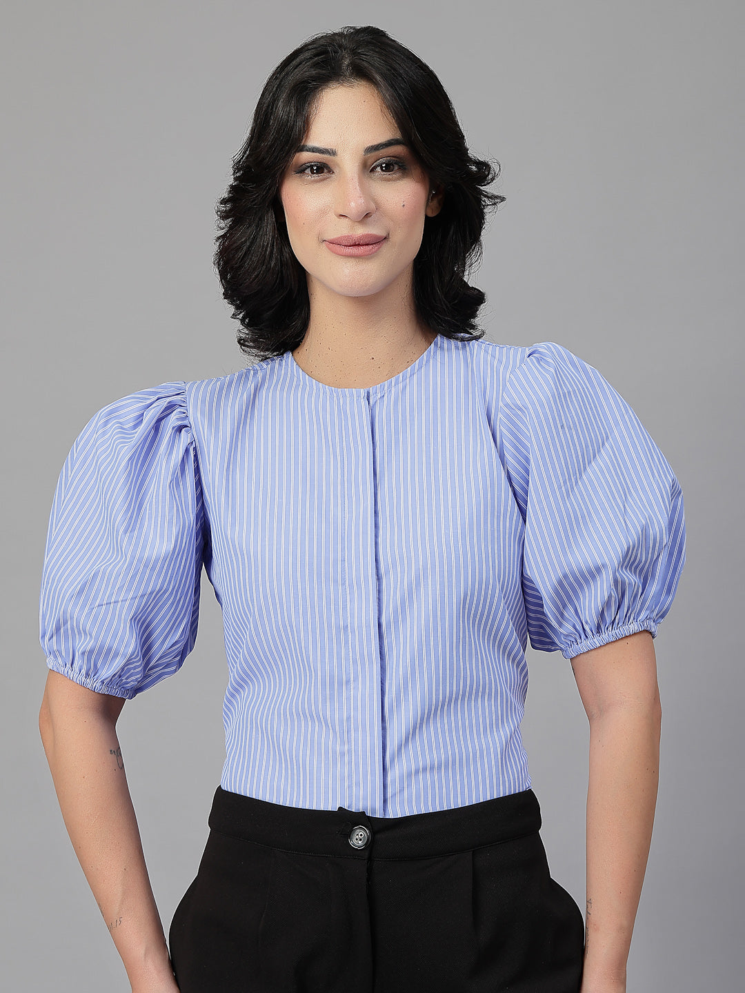 Style Quotient Women Blue and White Stripe Polycotton Formal Top