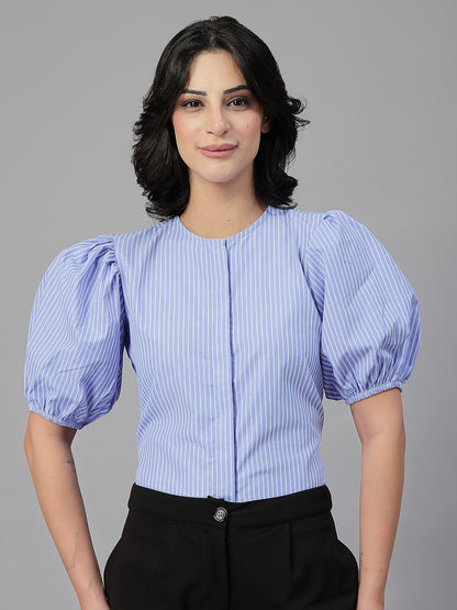 Style Quotient Women Blue and White Stripe Polycotton Formal Top