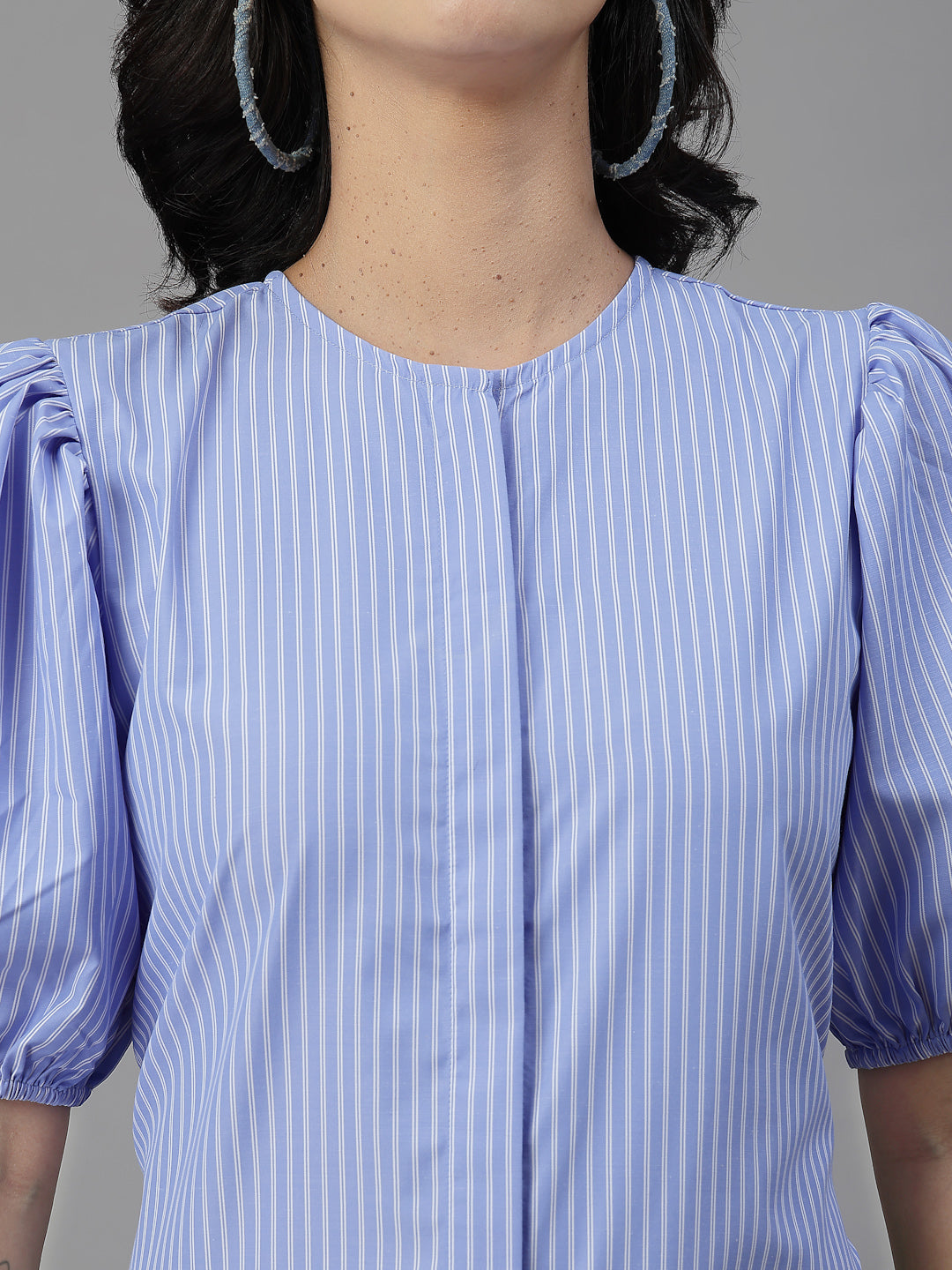 Style Quotient Women Blue and White Stripe Polycotton Formal Top