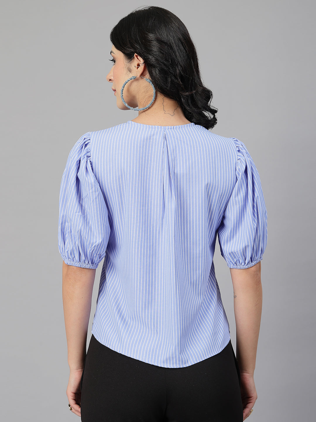 Style Quotient Women Blue and White Stripe Polycotton Formal Top