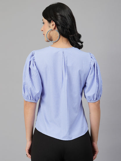 Style Quotient Women Blue and White Stripe Polycotton Formal Top