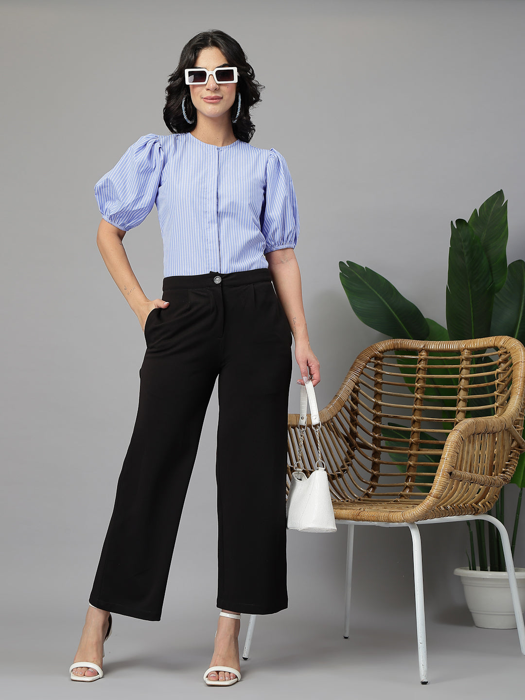 Style Quotient Women Blue and White Stripe Polycotton Formal Top