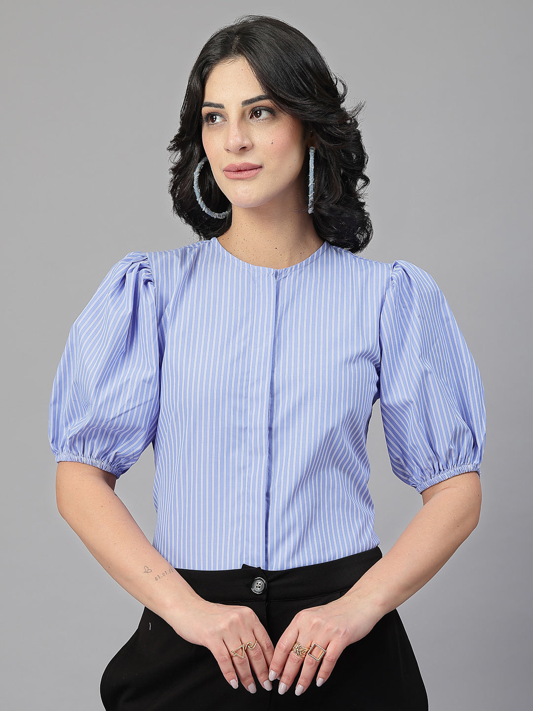 Style Quotient Women Blue and White Stripe Polycotton Formal Top